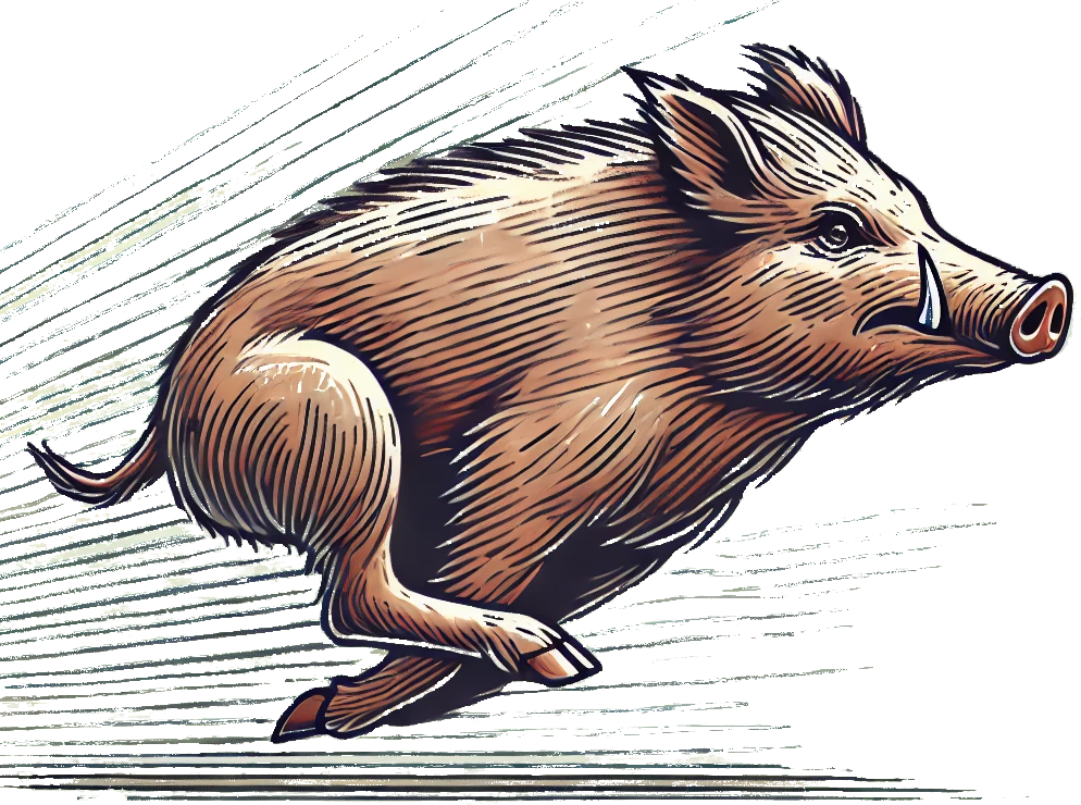 Bild mit rennender Wildsau als kolorierte
								Strichzeichnung